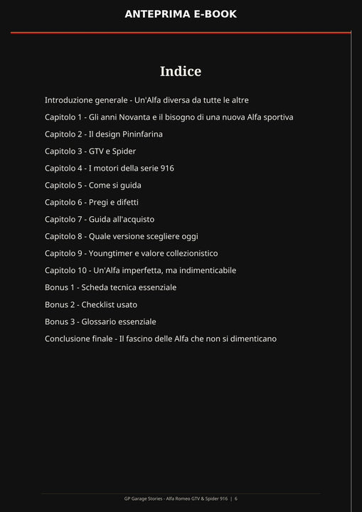 Indice dell’e-book Alfa Romeo GTV e Spider 916 con dieci capitoli e tre sezioni bonus