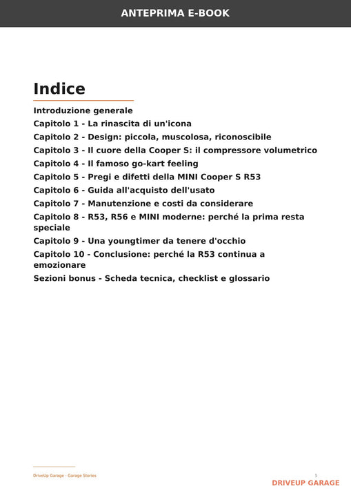 Indice dell’e-book MINI Cooper S R53 con capitoli su storia, tecnica, pregi, difetti e guida all’acquisto