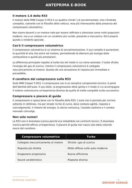 Anteprima dell’e-book MINI Cooper S R53 dedicata al motore 1.6 e al compressore volumetrico
